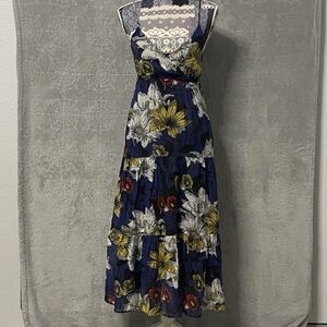 The Korner Maxi Dress Womens S Blue Floral Empire Waist Tiered V-Neck Resortwear